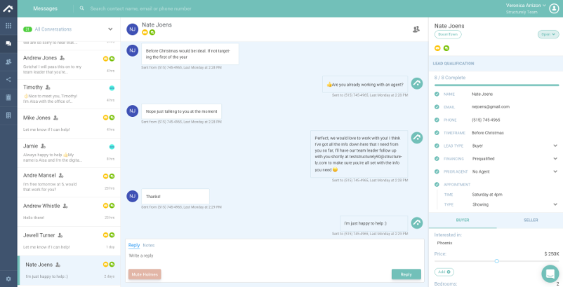 "There’s a clean, well-designed three-column user interface (UI) that manages conversations by lead name, chat specifics and chat milestones."